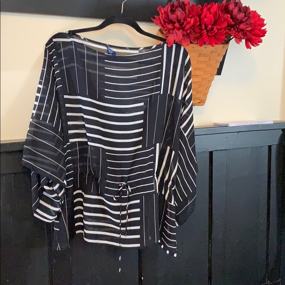Chaps black white drawstring sheer top w/ tank PXL - Picture 1 of 7